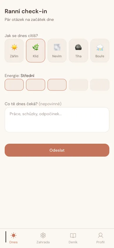 Ranní check-in — výběr nálady a energie